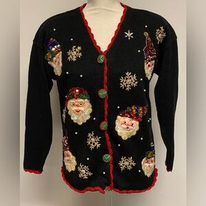 Alexa Grace Bejeweled Vintage Santa Cardigan Sweater Size Medium